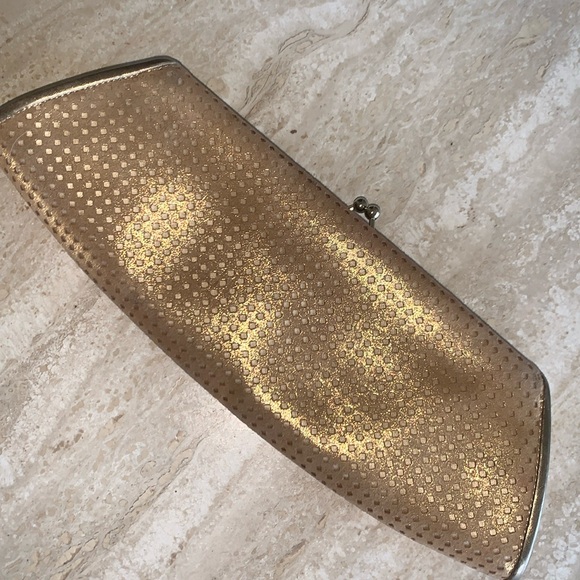 RODO metallic gold clutch, laser cut suede over satin, “kiss” lock. - Picture 5 of 17